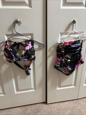 Unique Vintage Black Floral High-Waist Bikini Set never worn